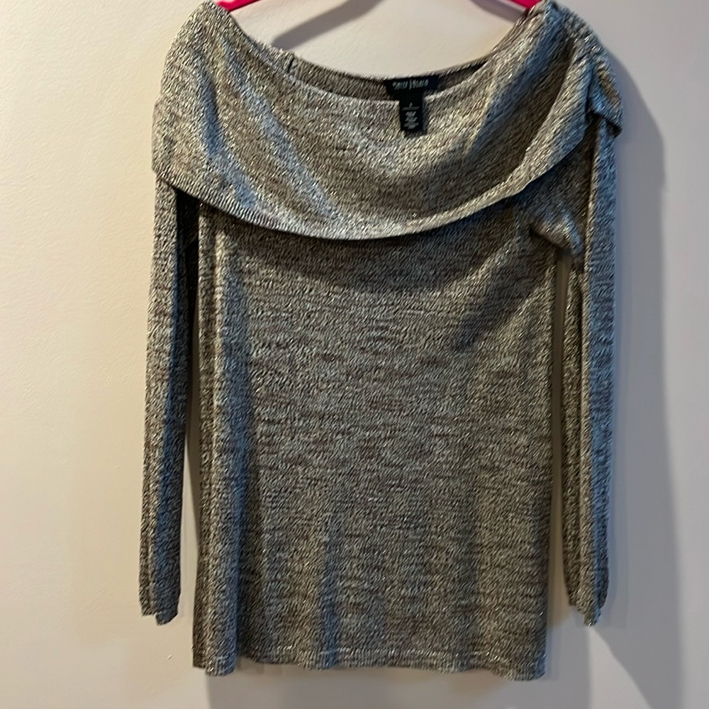 White House Black Market Brown/Gold 3/4 Length Sleeve Sweater On/Off Shoulder